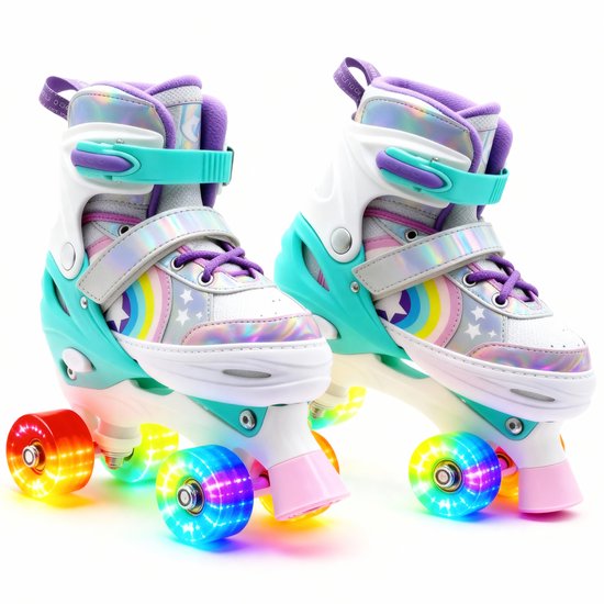 Patins à roulettes Suotu - Réglables - Roues lumineuses - Taille 25-28 - Arc-en-ciel - XS