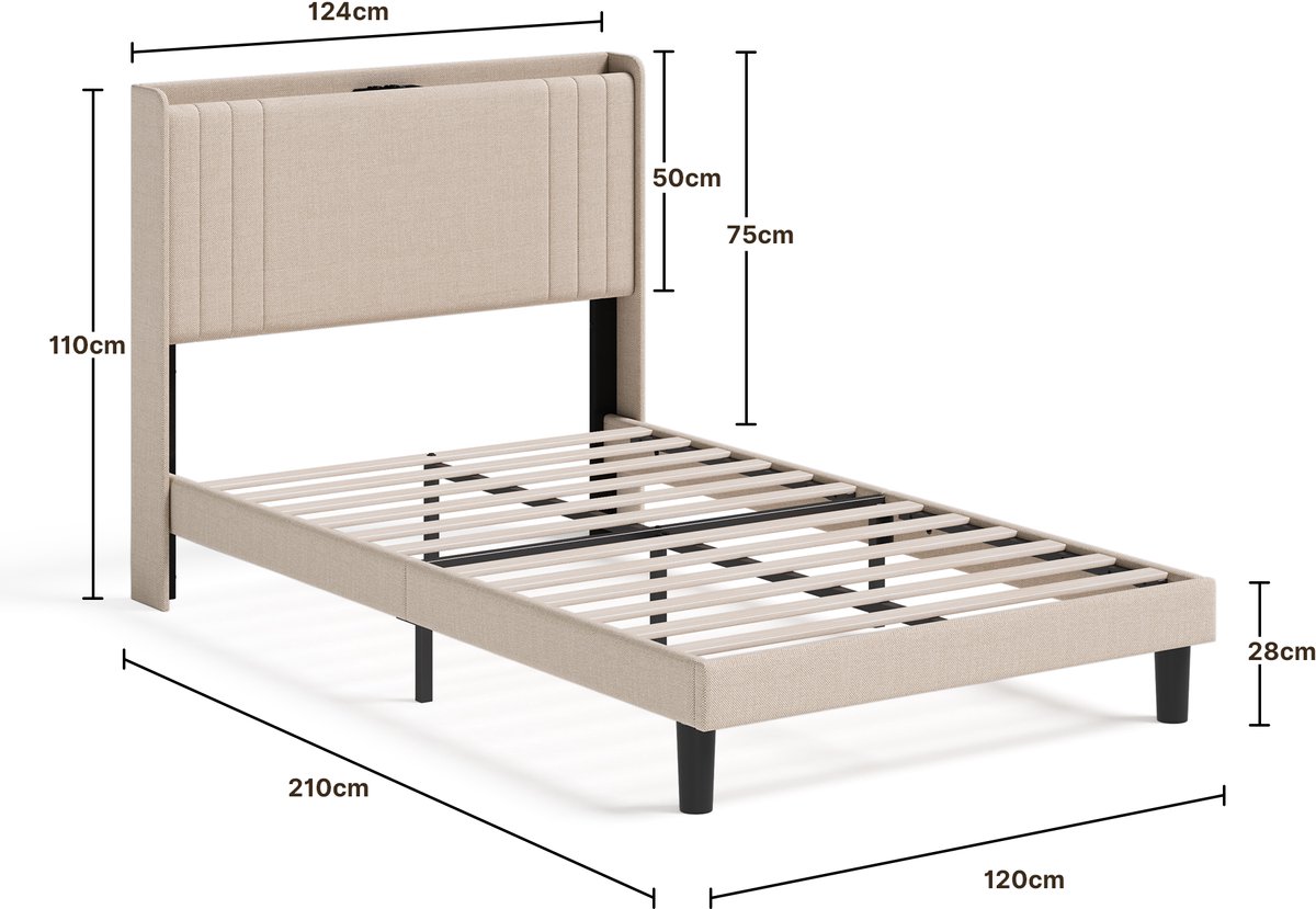 Xbro Gestoffeerd Bed 120 x 200 cm – met LED-Verlichting & USB/Type-C Oplaadpoort – Tweepersoonsbed met Hoofdbord en Lattenbodem – Beige — cadeau in Cadeau-ideeën - foto 2