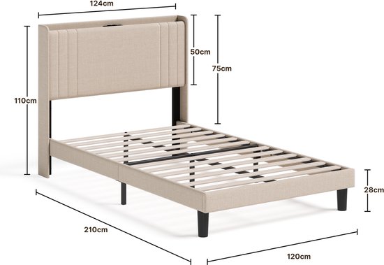 Een schematische weergave van een beige gestoffeerd bed met afmetingen, inclusief een hoofdbord van 124cm breed.