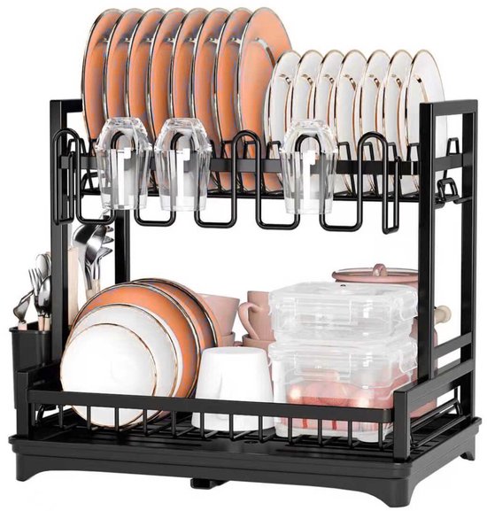 Égouttoir à vaisselle LaCardia - 2 niveaux - Égouttoir à vaisselle Zwart avec bac d'égouttage et porte-couverts - Égouttoir à vaisselle en acier inoxydable pour lave-vaisselle