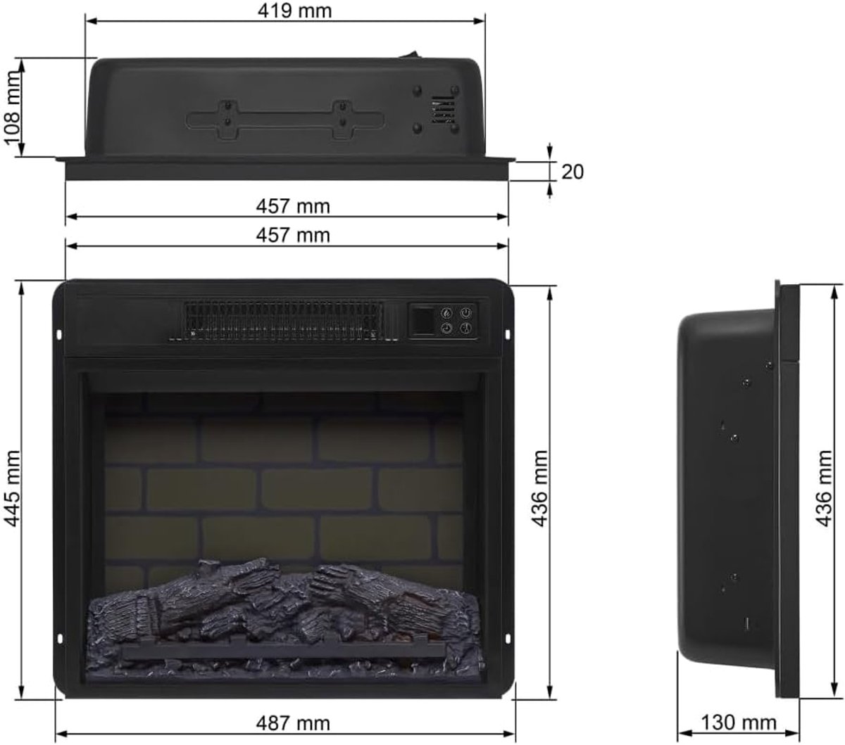 Elektrische Wandhaard Industrialhome LuxeFire AF18B – 48,7x44,5x13 cm – Realistisch 3D LED-Vlameffect – Verwarming tot 30 m² – Afstandsbediening – Zwart/Eiken – Infraroodverwarming – Inbouw of Wandmontage