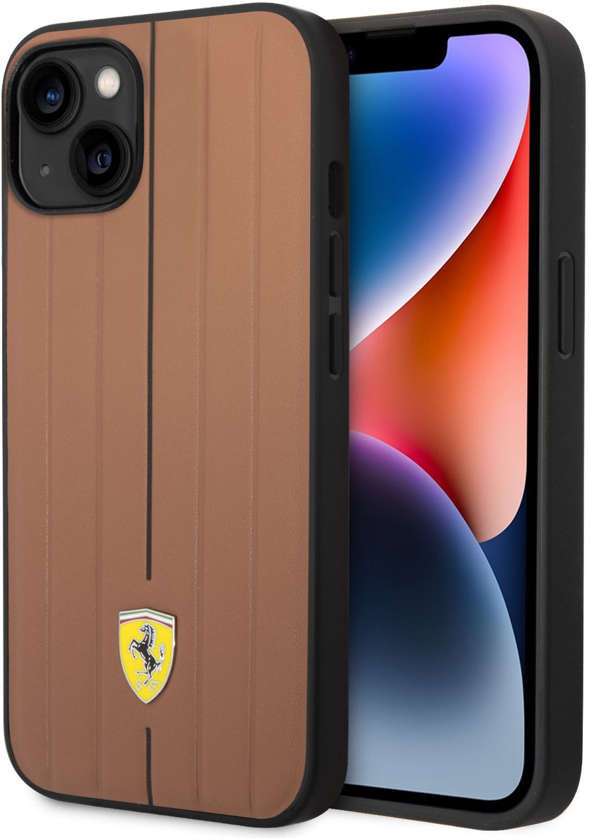 Ferrari Back cover - Geschikt voor iPhone 14 Plus & 15 Plus - Bruin - Embossed Stripes