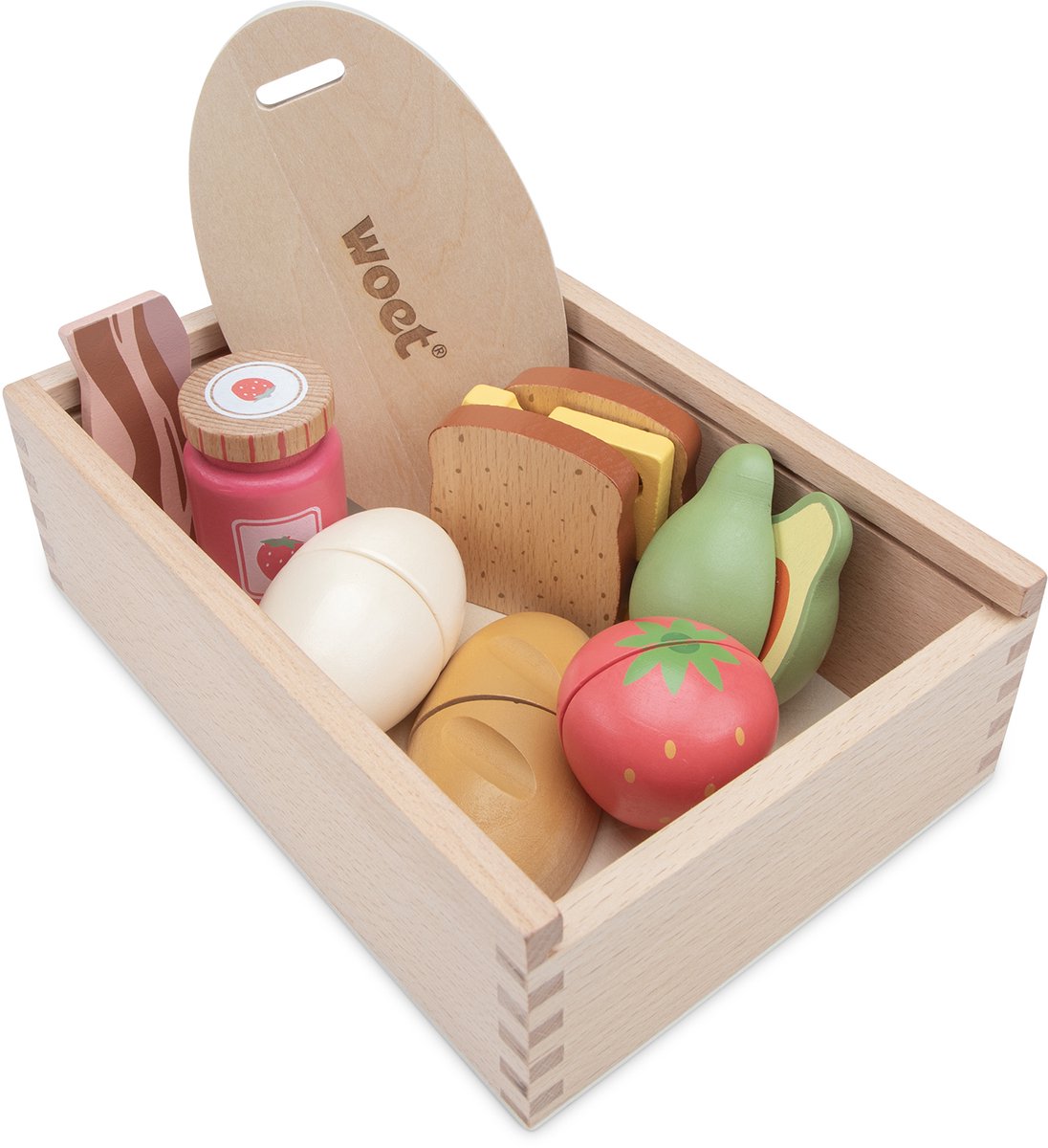Woet® Houten Snijset Ontbijt in Opbergdoos - Speelset Ontbijt met Snijplank Brood, Kaas, Ei en Fruit - Educatief Speelgoedeten - Rollenspel Keukenspeelgoed - Vanaf 2 Jaar — afbeelding 4
