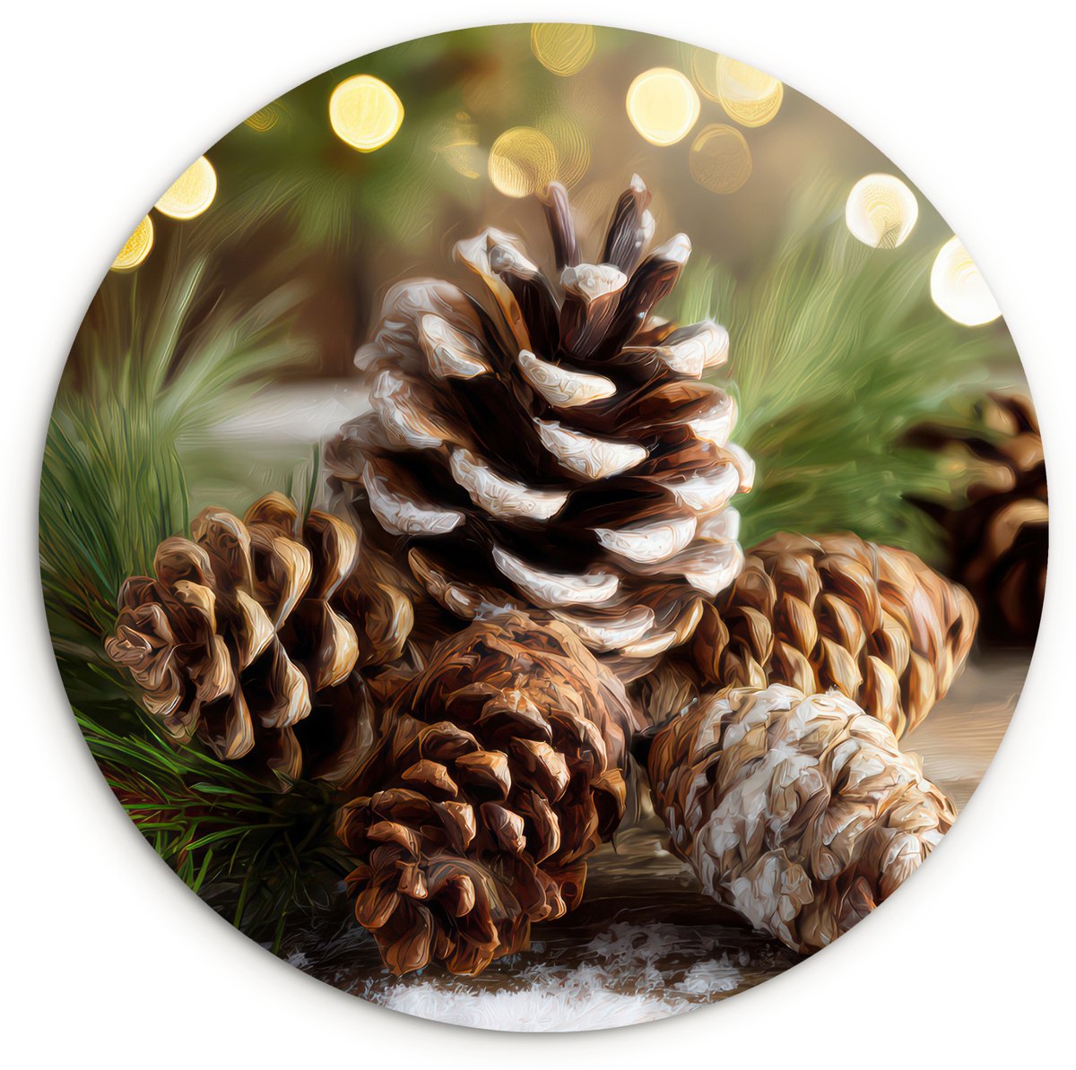 WallCircle Wandcirkel 30x30 cm - Muurcirkel Dennenappels - Kerstsfeer - Bruin - Groen - Muurdecoratie woonkamer - Wanddecoratie slaapkamer - Kamer decoratie accessoires - Ronde schilderijen
