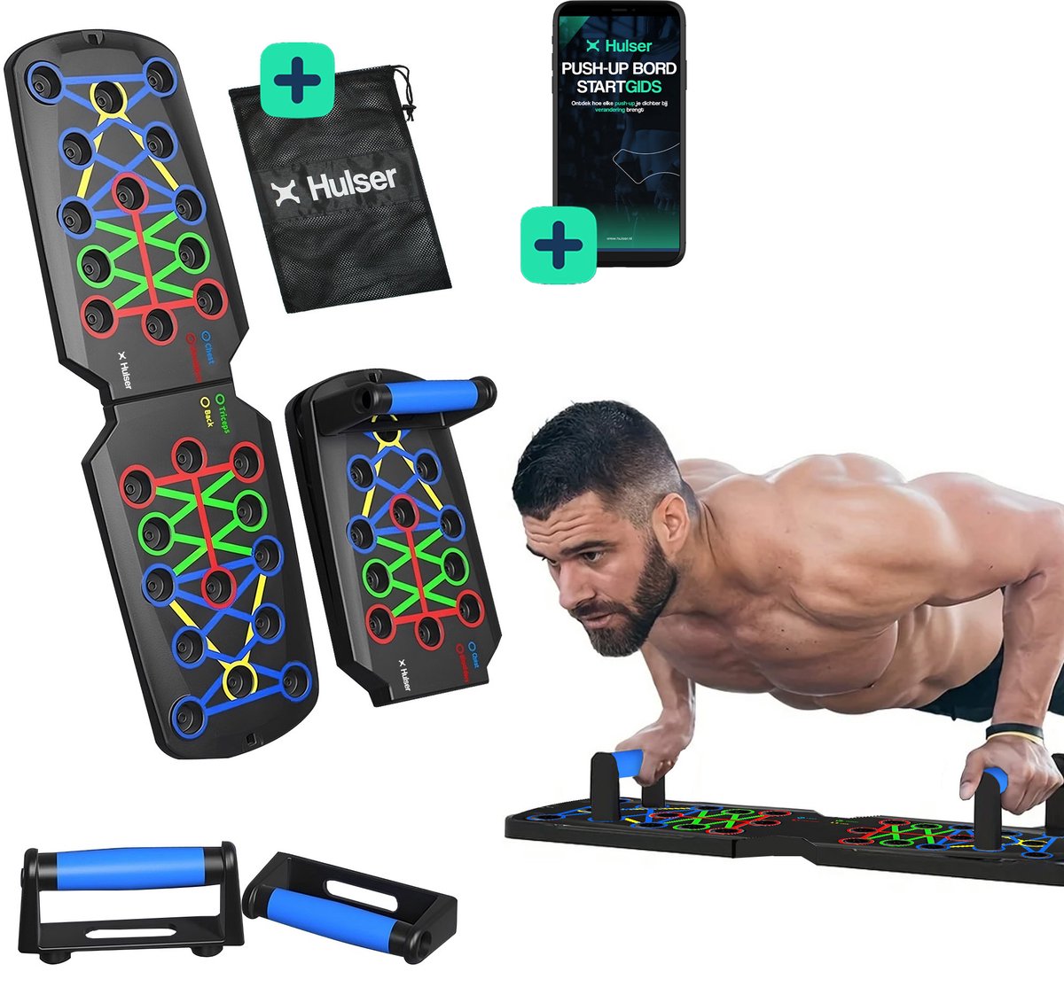 Hulser Push up bord - 14 in 1 - Met startgids - Grips - Bars - Steun - Parallettes board - Fitness plank - Opdrukken trainingsbord - Thuis sporten - Home workout