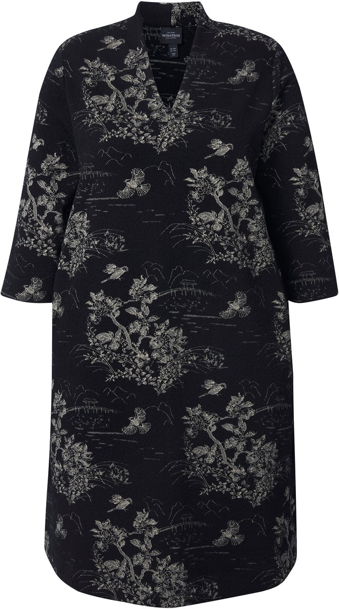 Ulla Popken Dames - Jacquard-jurk A-lijn gobletkraag 3/4-mouwen - Zwart - Maat 42+