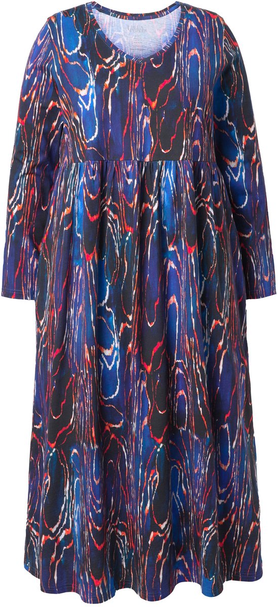 Ulla Popken - Dames - Maxi-jurk slangenmotief A-lijn V-hals lange mouw - Koningsblauw - Maat 42+