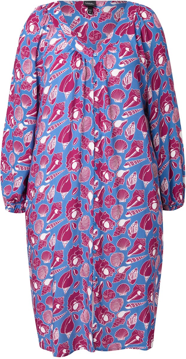 Ulla Popken Dames - Midi-jurk schelpen oversized V-hals lange mouw - Petrolblauw - Maat 58+