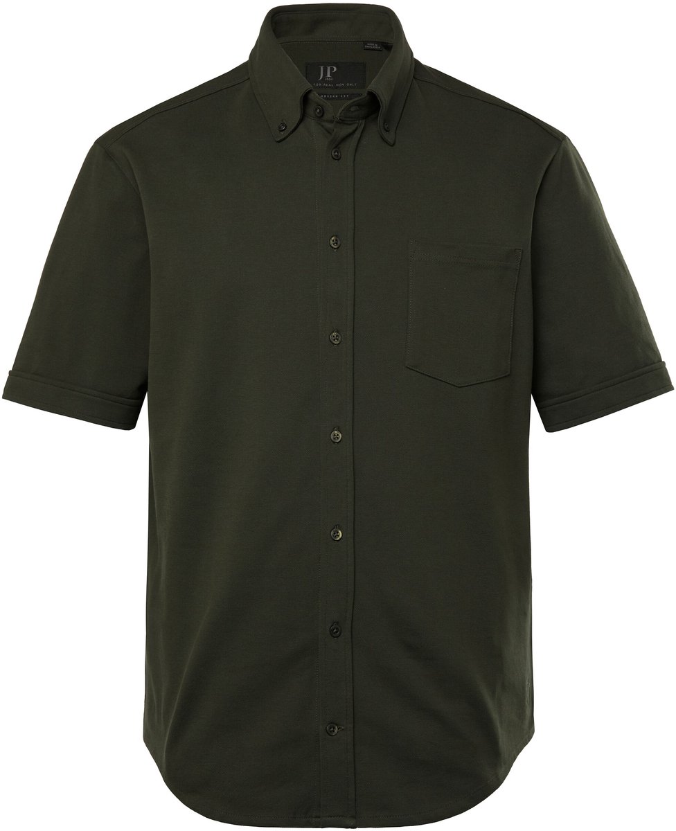 JP 1880 - Heren - Piqué overhemd FLEXNAMIC® korte mouw buttondown-kraag - Nachtgroen - Maat L