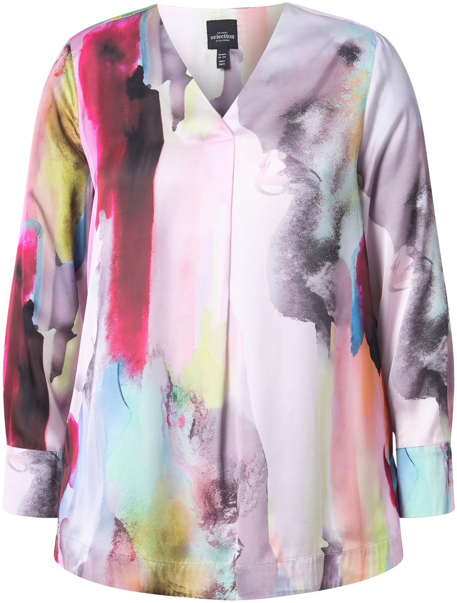 Ulla Popken - Dames - Zijden tuniek aquareldesign V-hals lange mouw - Zwart - Maat 46+