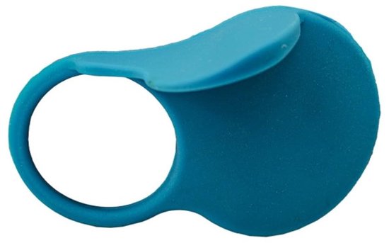 Blauwe siliconen duimbeschermer met ring, naast een honkballer. Details over schokabsorptie en afmetingen.