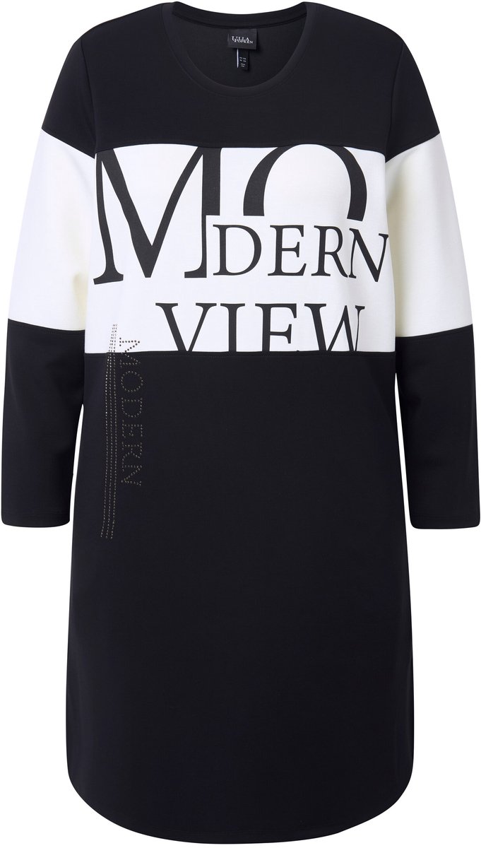 Ulla Popken Dames - Sweatjurk tekstprint ronde hals lange mouwen modalmix - Zwart - Maat 46+