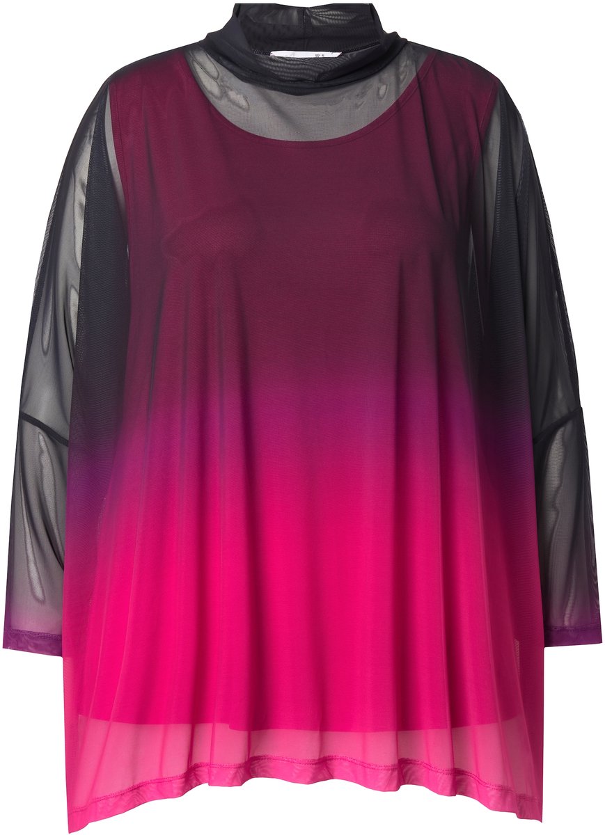 MIAMODA - Dames - Mesh blouse oversized kleurverloop ondoorzichtige top - Neon bes - Maat 54+