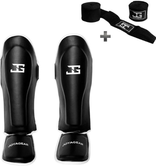 Protèges-tibias Joya SKINTEX – Kickboxing/Muay Thai/MMA – Zwart/ Wit – Taille S – Modèle moulé, rembourrage extra épais – Bandage inclus