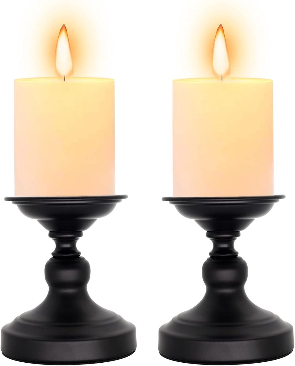 Set-2-Mat-Zwarte-Metalen-Pijler-Kaarsenhouder-Kaarsenhouders-Woning-Koffietafel-Decoratie-Centraal-Eetkamer-Woonkamer-Bruiloft-Cadeau