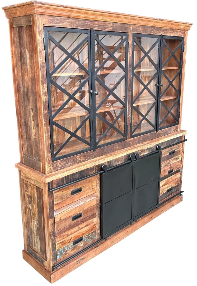 Deco4yourhome® - Railway Vitrinekast - 200cm - 2 delen - Railwayhout - Rustiek - Kast