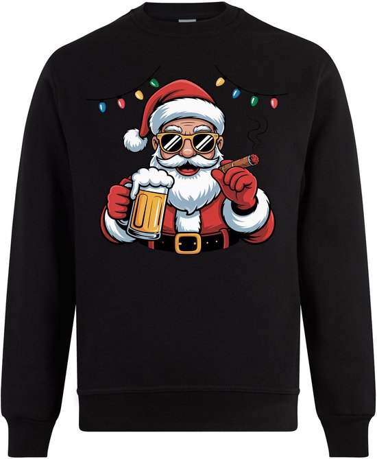 Zwarte trui met opdruk van een Kerstman met zonnebril, kerstlichtjes, bier en sigaar.