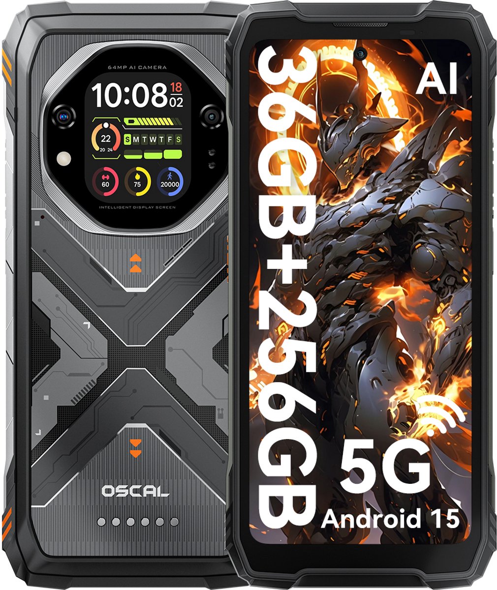 OSCAL TANK 1 - Robuuste Smartphone - 5G - 36GB RAM - 256GB ROM - 20000mAh - 6.78 inch FHD+ 120Hz - MTK Dimensity 7050 - 64MP+50MP+20MP Nachtzicht - Android 15 - AI Robuuste Telefoon - NFC - IP68/IP69K/GPS - Oranje
