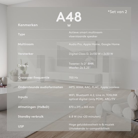 Audio Pro A48 W Smart Multiroom Actieve Vloerstaande Luidsprekers - Audio Pro Multiroom (Linkplay) - Ruimtecorrectie - 2x130W Speakers - Wit van Merkloos — afbeelding 5