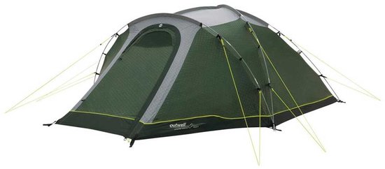 Zijaanzicht van een groene Outwell tent met grijs dak, gele accenten en reflecterende naden.