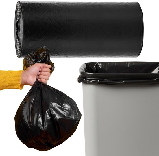 Un rouleau de sacs poubelles noirs, une main gantée de jaune tient un sac plein, et une poubelle avec un sac.