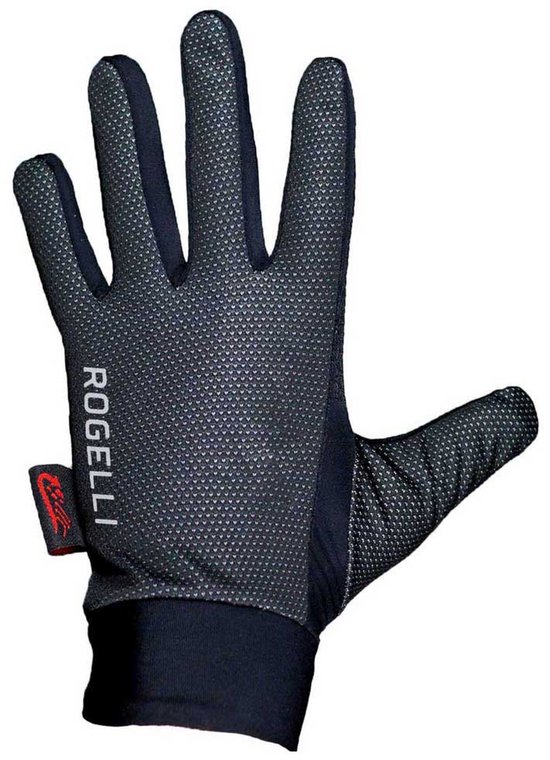 Zwarte fietshandschoen met een subtiel gestippeld patroon op de handpalm en 'Rogelli' logo.