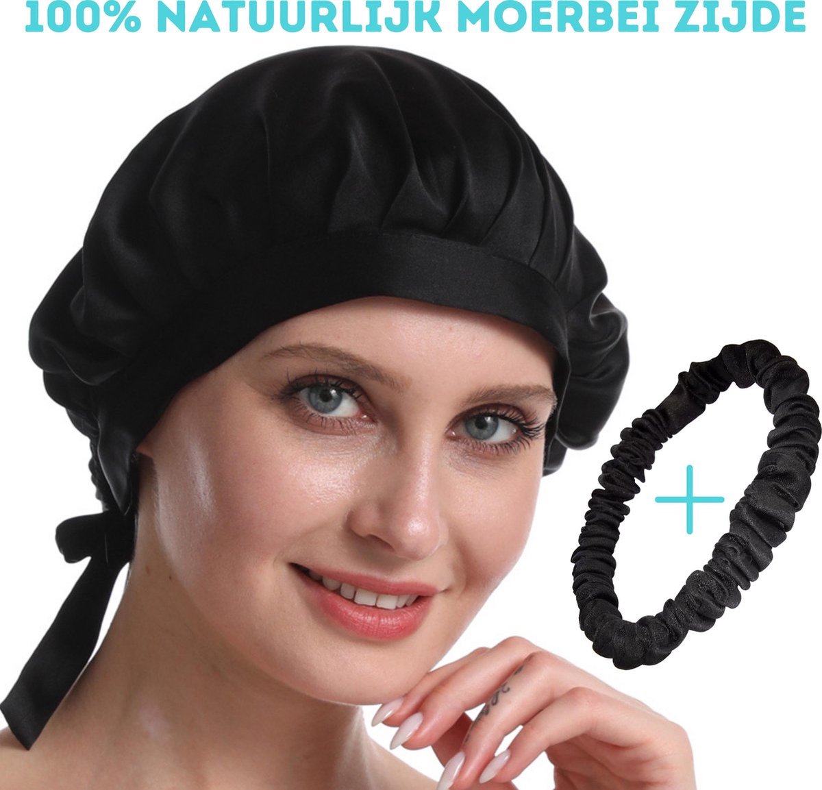 Zijden - Slaapmuts - Bonnet - 100% Silk Bonnet - Medium - Zacht & Stralend Haar - Zijden Haarmuts - Zwart