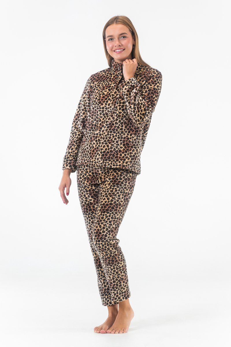 Dames Fleece Huispak en Pyjama - Hoge Kraag met Knopen - Full Panterprint - Superzacht Fleece - Beige - 2506 - Maat M