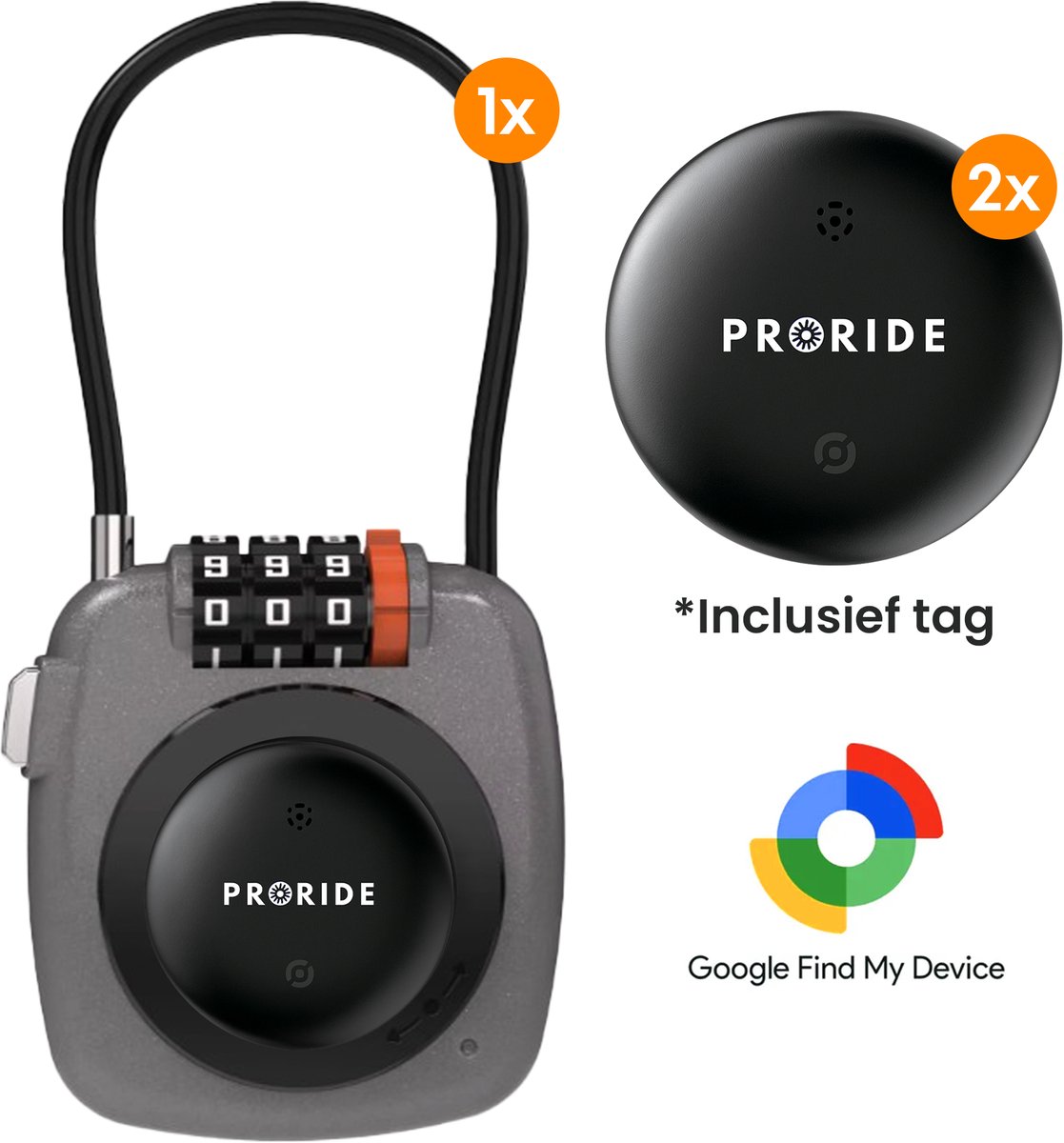 Proride Cijferslot – 3-cijferig Hangslot – Met Android Tag – Inclusief Smarttag 2 stuks – Kofferslot – Bagageslot – Reisslot – Skislot - Grijs