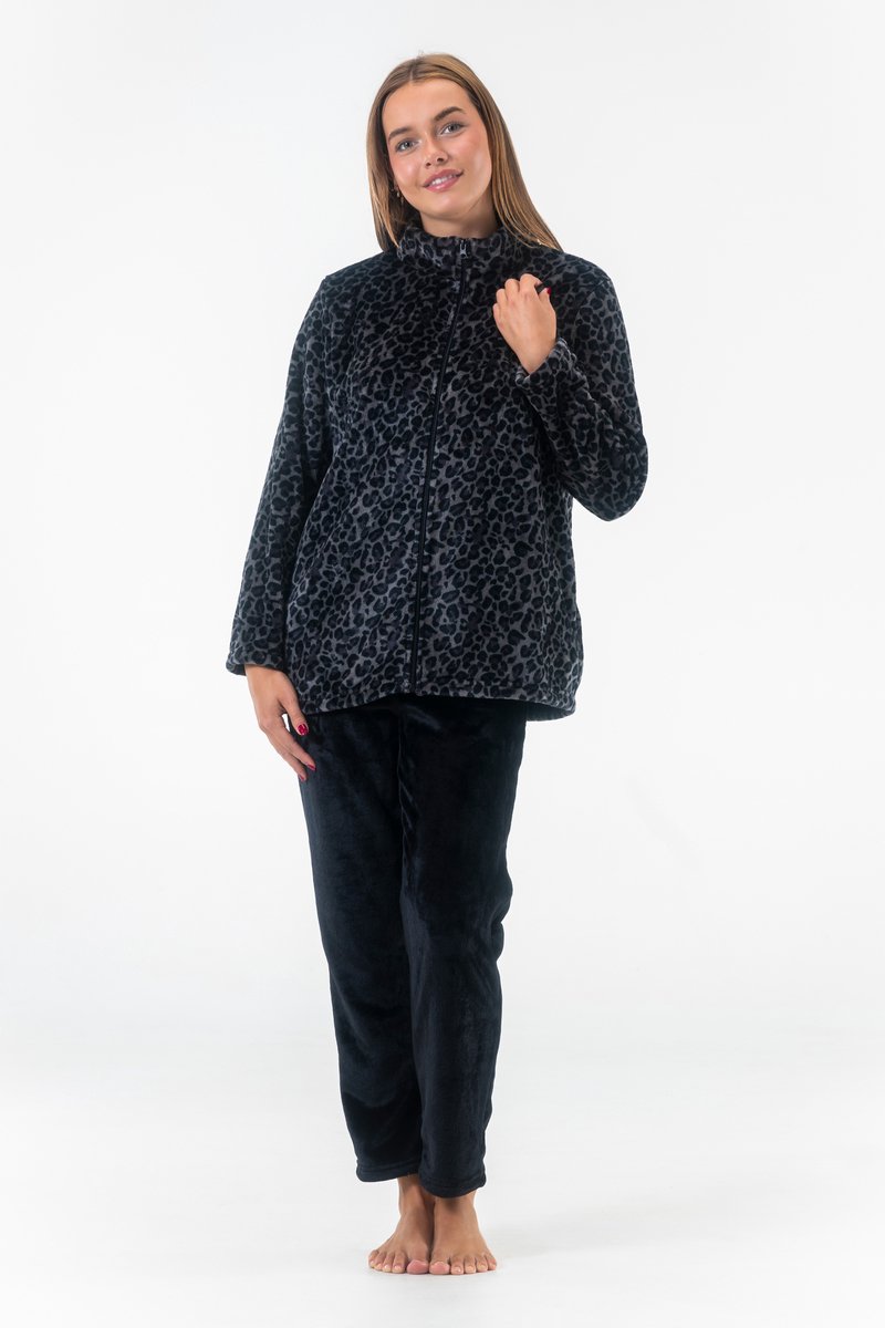 Dames Fleece Huispak en Pyjama met Rits - Ochtendjas - Panterprint - Superzacht Fleece - 2330 Zwart - Maat XXL