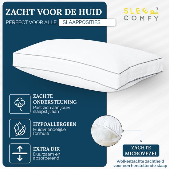 Wit kussen met grijze biezen, met tekst over zachte ondersteuning, hypoallergeen en extra dik. Een detail toont zachte microvezels.