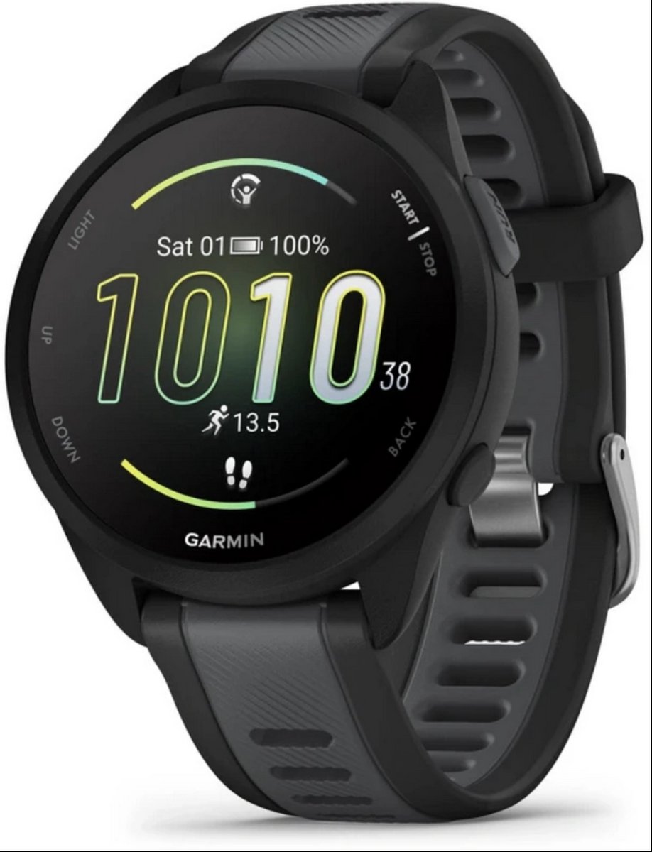 Garmin Forerunner 165 Lichtgewicht GPS hardloophorloge AMOLED Beeldscherm Nauwkeurig tempo afstand en hartslag aanpasbare trainingsschema's tot 11 dagen batterij Black-Slate grey