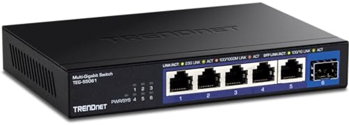 6-poorts onbeheerde 2.5G-switch met 10G SFP+-poort – Ventilatorloos, Wandmontage, Zwart
