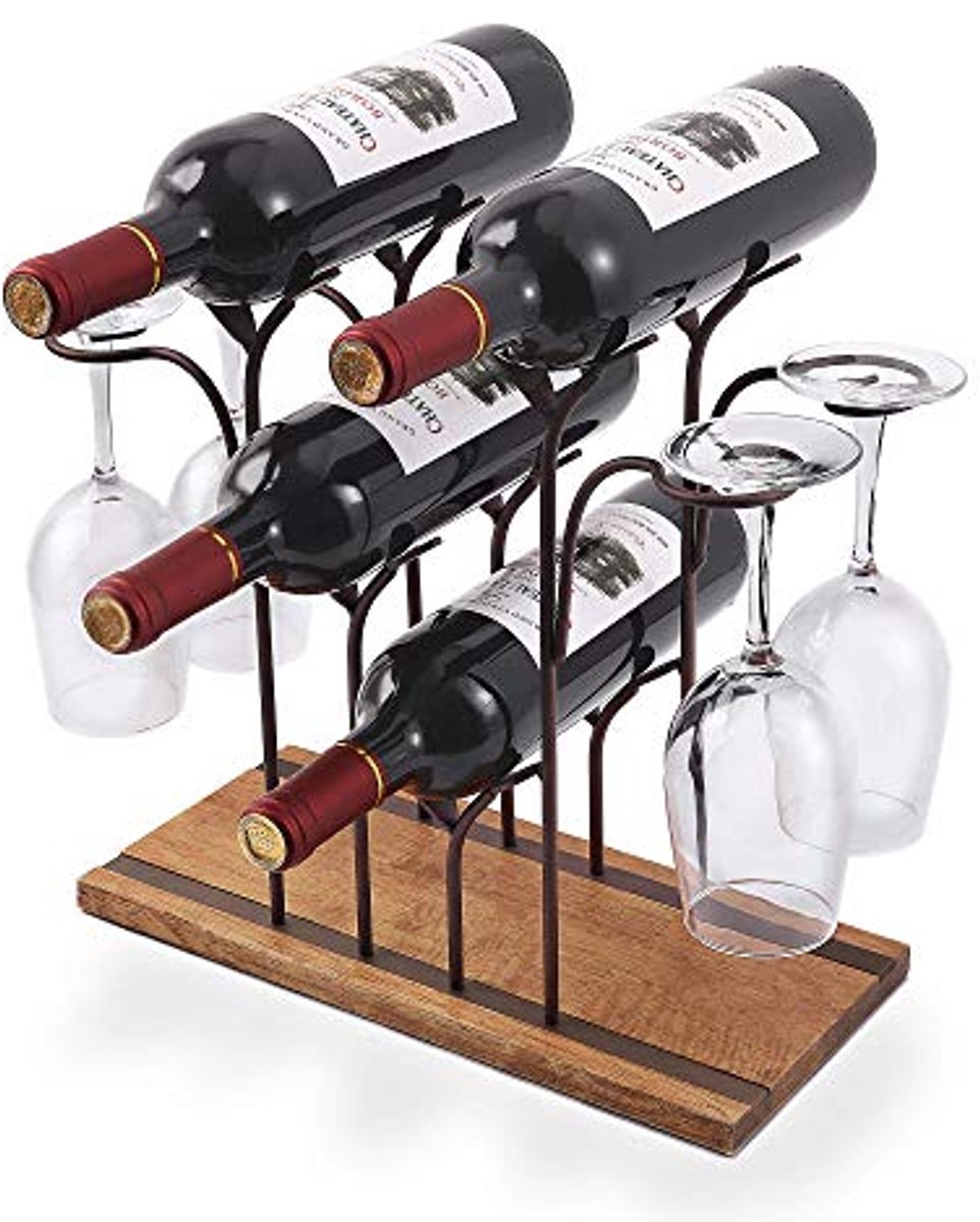Houten Wijnrek voor 4 Wijnflessen en 4 Wijnglazen - Perfect voor Keuken en Wijnkelder
