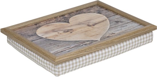 Dienblad met houten hart en verweerd hout, met beige ruitjes kussen.