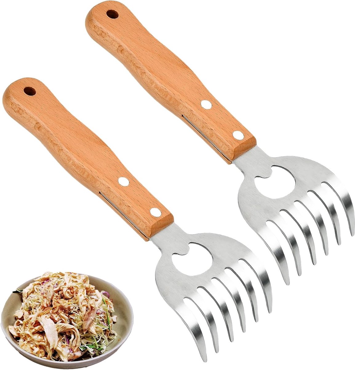 Roestvrijstalen vleesklauwen BBQ-versnipperaar met houten handvat | Vleesversnipperaar Tool voor koken en voedselbereiding | Multifunctionele vleestrekker en flesopener | Perfect BBQ-cadeau voor