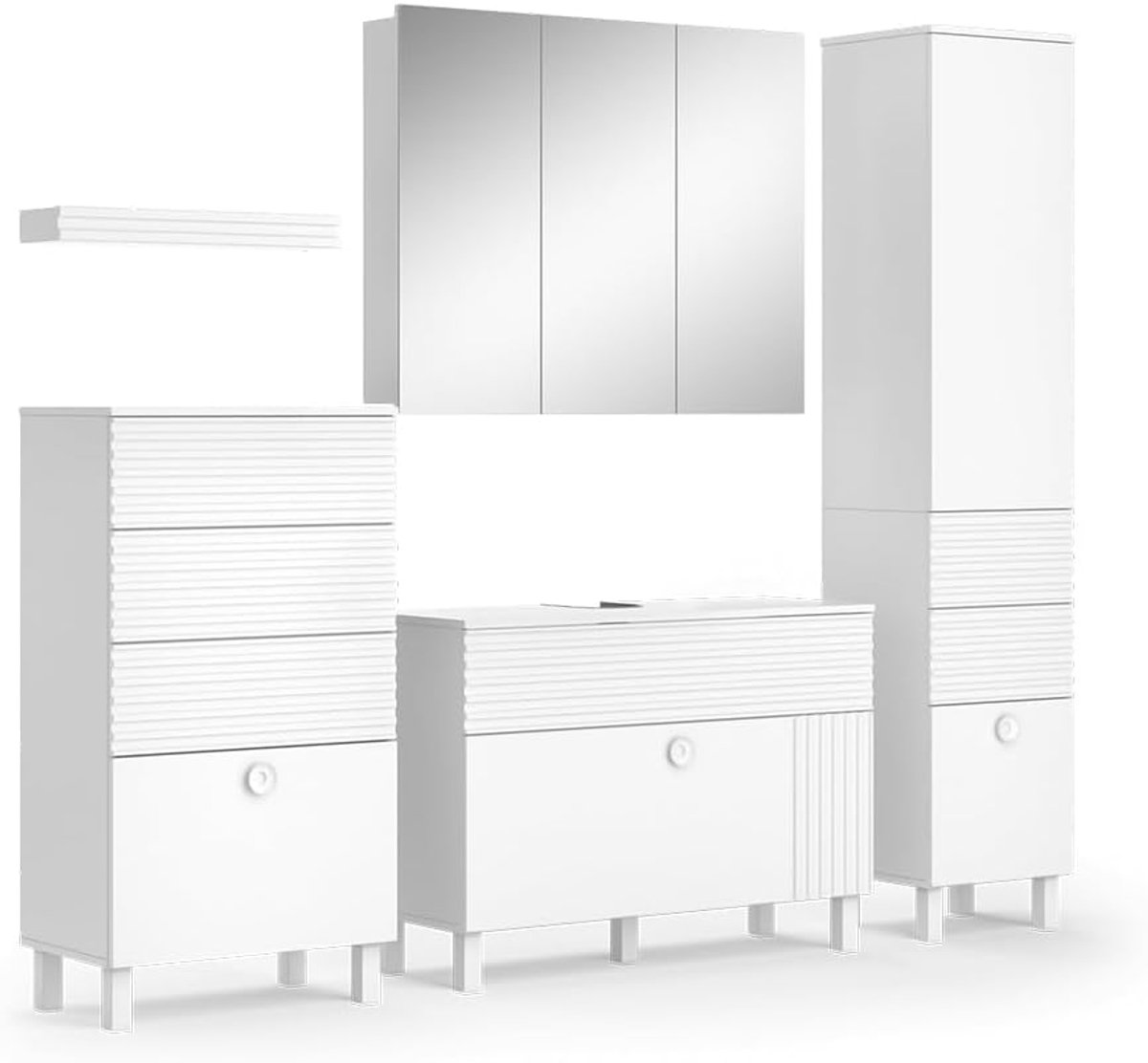 Luxe Badkamermeubelset Sola Wit – Complete 4-Delige Badkamerkast Set met Spiegelkast, Hoge Kast, Midi Kast & Wastafelmeubel – Modern Wit MDF / Houtlook – Inclusief Montagemateriaal