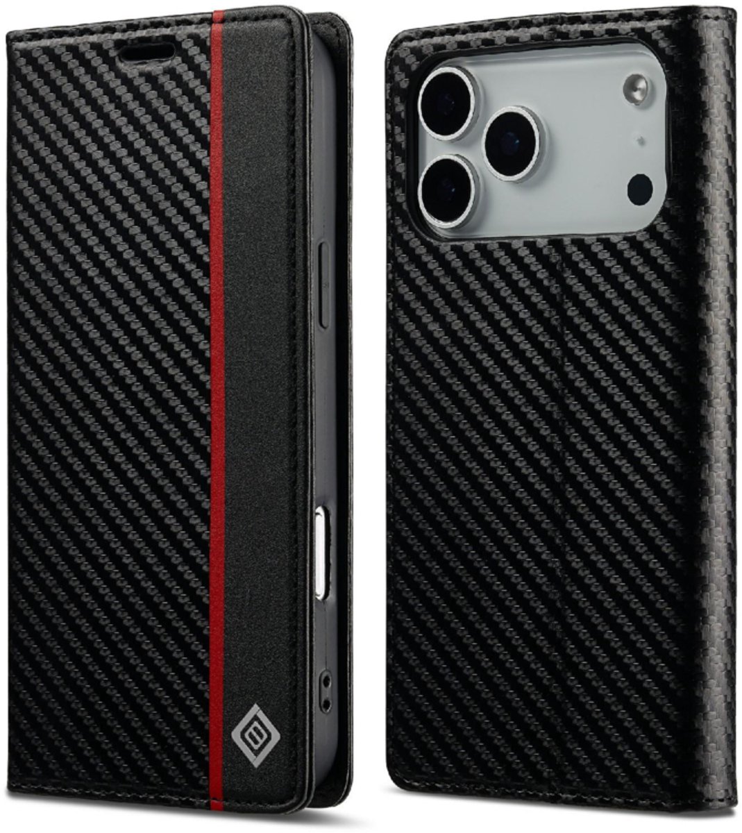 Luxe BoekCover Hoes Etui geschikt voor Apple iPhone 17 PRO MAX - Zwart - Rood - Carbon
