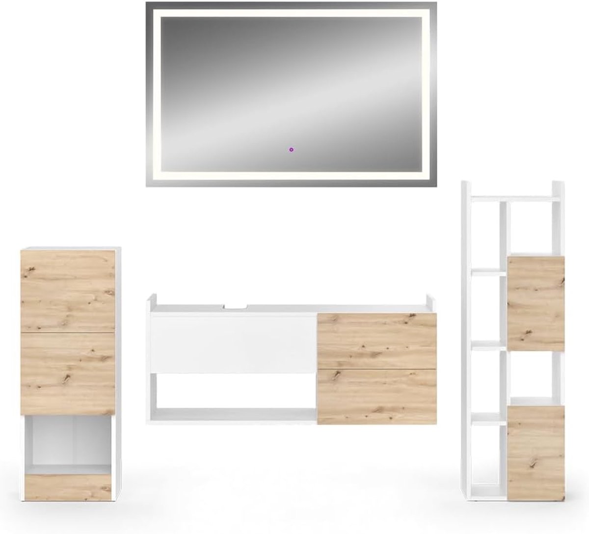 Luxe Badkamermeubelset Alf Wit/Eiken – Inclusief LED Spiegel, Wastafelonderkast, Hoge Kast & Midi Kast – Push-to-Open Systeem – Moderne Wandmontage Badkamerkastenset