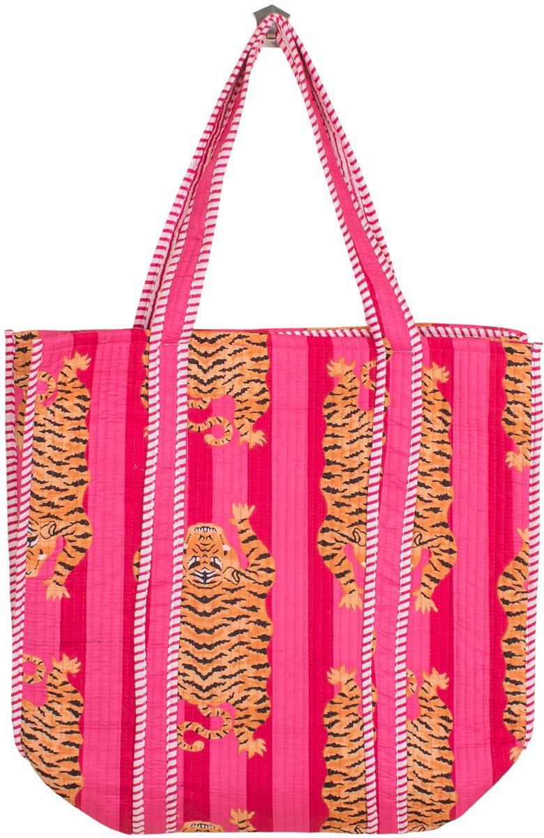 Bambooya schoudertas - tote bag - bohemian style - made in India - Shopper - Ibiza Style - Fuchsia met tijgers