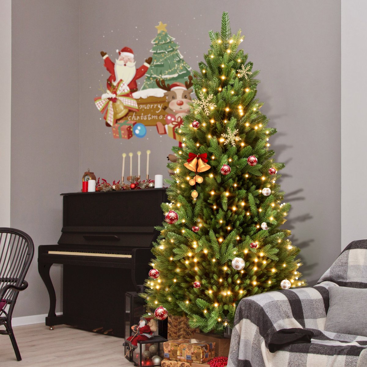 Kunstgroene PVC kerstboom van 180 cm met LED-verlichting en kerstboomstandaard.