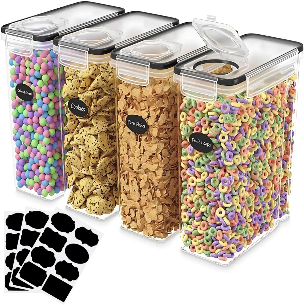 JustValue Voorraadpotten - Voorraadbussen Set 4-Delig - 4L Per Stuk - Luchtdicht - Schenkdeksel Met Klep - Stapelbaar - Transparant - Inclusief Stickervel 8 Labels - Witte Stift - Voor Ontbijtgranen Pasta Rijst Koekjes