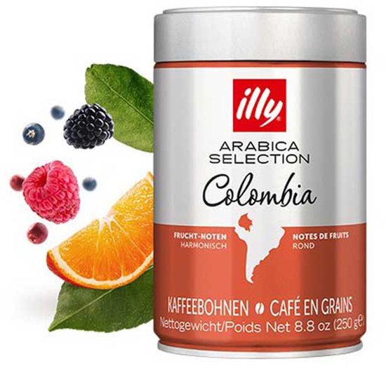 Illy Arabica Selection Colombia koffiebonen in blik, met fruit en bladeren.