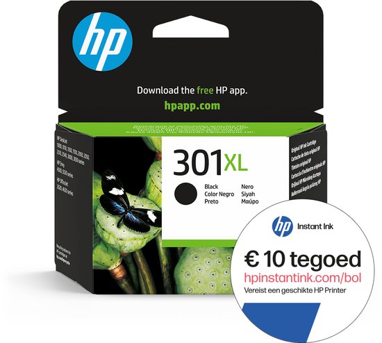 HP 301XL zwarte inktcartridge verpakking met vlinder en lotushuidje, en een aanbieding voor €10 tegoed.
