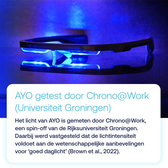 AYOlite lichttherapiebril - Inclusief bioritme-app - Vergelijkbaar met de krachtigste daglichtlampen - Veilig getest voor de ogen (IEC 62471 No Risk) - UV- en infraroodvrij - 100% bewegingsvrijheid - Stijlvolle en effectieve daglichtbril