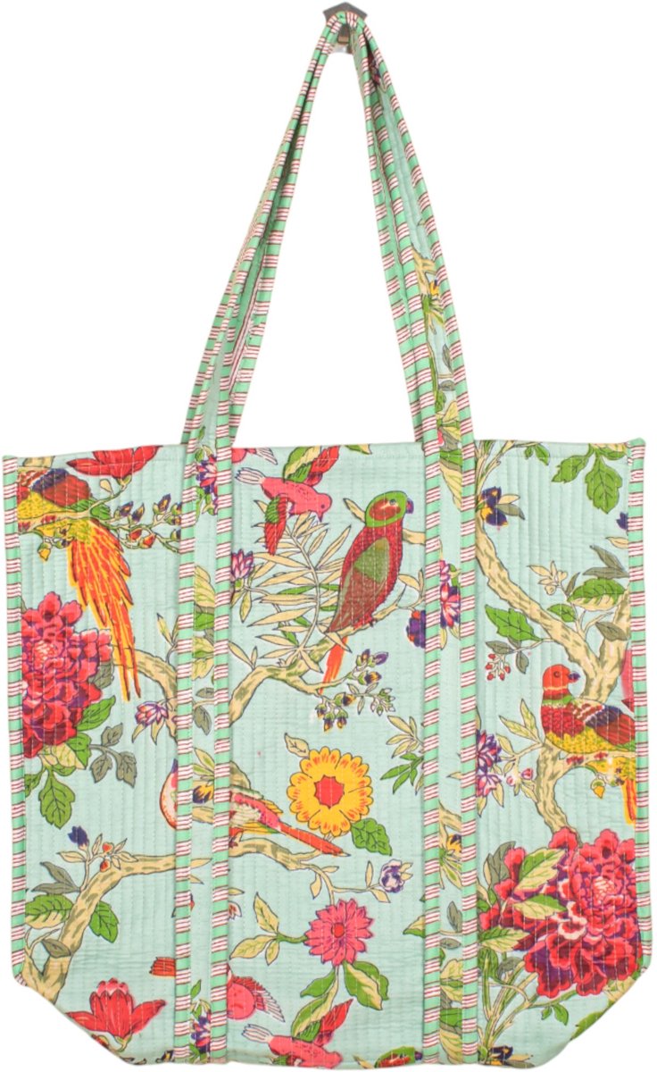 Bambooya schoudertas - tote bag - bohemian style - made in India - Shopper - Ibiza Style - Mint met vogels