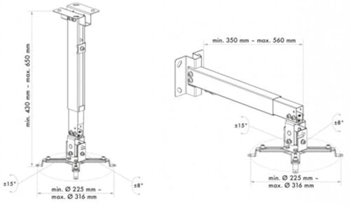 Beamer wand- en plafondhouder - Max. draagkracht 20 kg, verstelbare montagelengtes 430-650 cm, witte uitvoering