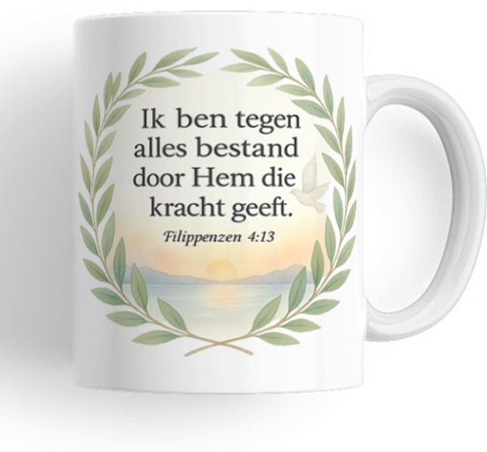 Christelijke mok – Ik ben tegen alles bestand door Hem die kracht geeft (Filippenzen 4:13) – koffiemok/theemok – bemoediging & kracht – cadeau: afstuderen, verjaardag, diploma – werk & studie – 330 ml