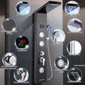 Zwart douchepaneel met 304 zwart titanium oppervlak, LCD display, regendouche, waterval, LED-verlichting, handdouche en massagejets.