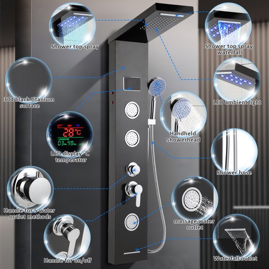 Zwart douchepaneel met 304 zwart titanium oppervlak, LCD display, regendouche, waterval, LED-verlichting, handdouche en massagejets.